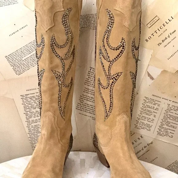 Free People Nashville Nights Cowboy Boot Tan Suede Pewter Rhinestones - Picture 2 of 9